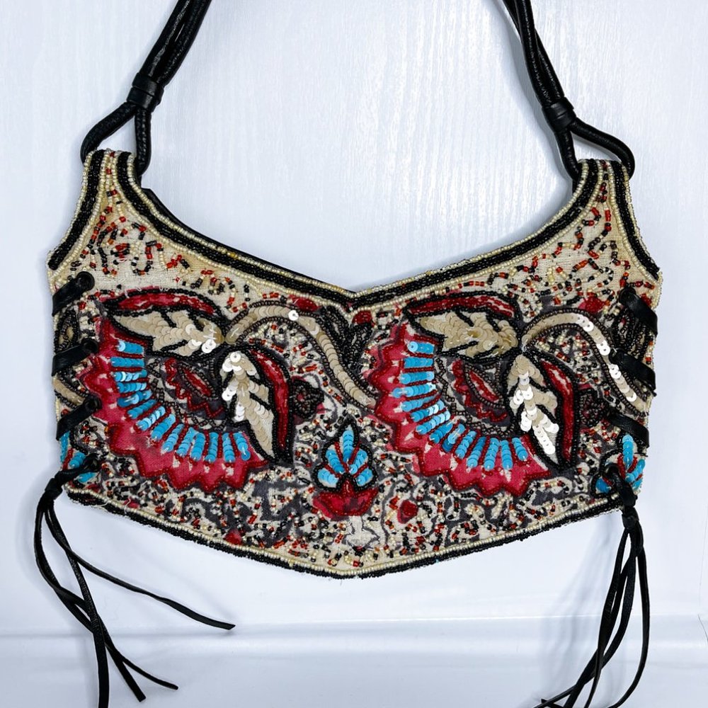BCBGMAXAZRIA Beaded Clutch Bag Evening Purse Sequin Handbag Leather Flower